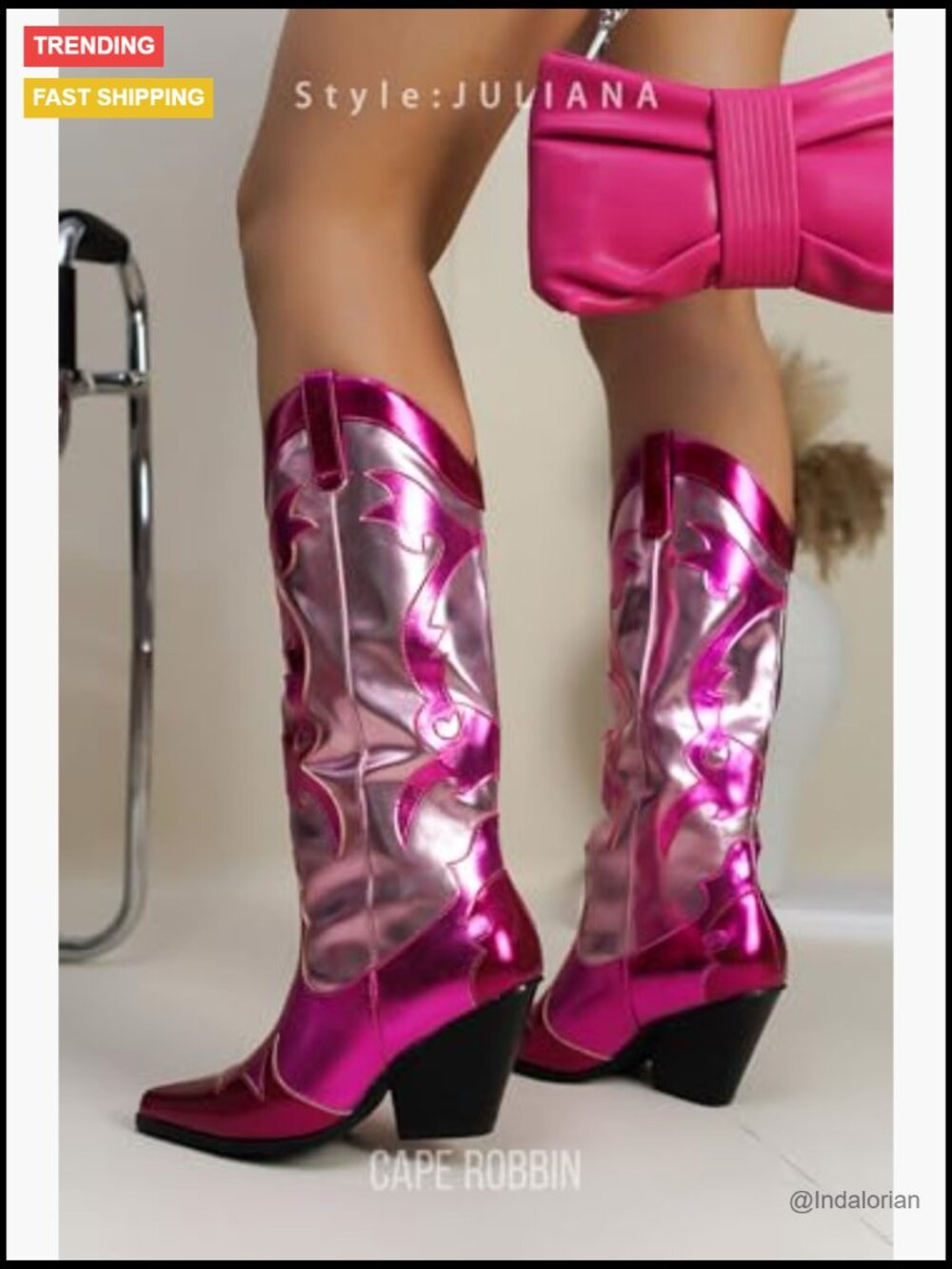 Metallic Colorblock Cowboy Boots - Faux Leather Mid Calf 3in Heel Pointed Toe - Picture 4 of 7